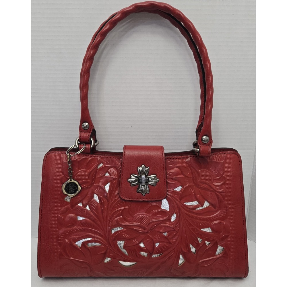 Patricia Nash Rosina Cutout Tooled Leather Satchel Papaya Red (Excellent Cond)